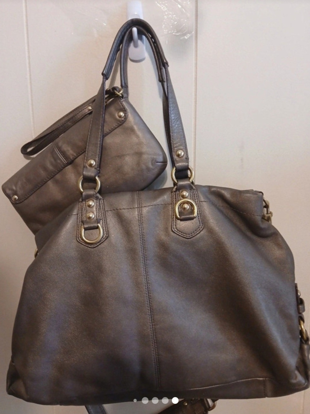 Coach Metallic Gray-Bronze Shoulder Tote with Matching Wristlet - Picture 2 of 5